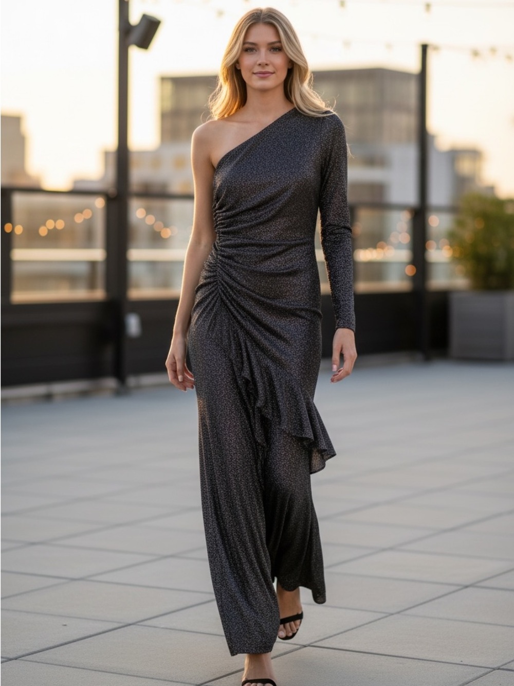 NWT David Meister One-Shoulder Metallic Black Evening Gown
